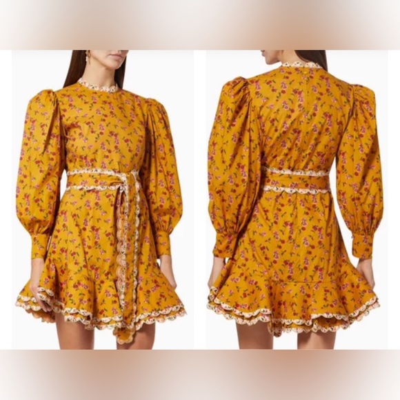 CeliaB Alder Dress Floral Puff Sleeve Scallop Mini Ruffle Tiered Micro Corduroy - Picture 2 of 8